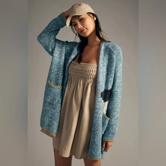 RARE Anthropologie Viral Blue Narwhal Knit Cardigan Sweater M/L - Picture 3 of 8